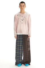 Retro elastic waistband comfortable casual and laid-back color-blocked straight-leg checkered pants