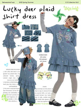 BETWEENAND spring lucky deer plaid doll collar shirt waji co-branded dress stacked women