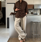No-Mace Back Banding Two-Tuck Linen Wide Pants