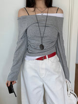 Milky Unbalance Off-Shoulder Boatneck Shirring Long Sleeve T 