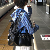 [Kyoto Look🌳✨/Airport Bag] ファンシーフェイクレザーベルトスクエアショルダーバッグ トートバッグ トラベルバッグ 4色 [Black only]