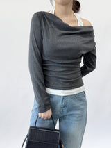 Getz Halterneck Shirred Drape Contrast Long Sleeve T-shirt