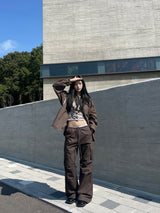 Steel zipper cargo cotton long wide work pants (4 colors)