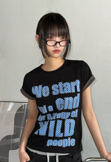 カラー コントラスト ダーツ プリント セミクロップド Tシャツ 5カラー