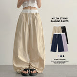 ラベンダー 💜 ウエスト カラーコントラスト ナイロン スラックス ワイド パンツ (4 colors) #CrinklePants