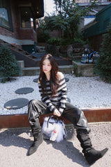 Star Stripe Off-Shoulder Long Sleeve Knitwear