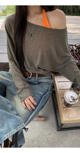 ルーズフィットオフショルダーレイヤードセットロングスリーブTシャツ