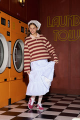 Stripe Rugby Sweat Cropped Collar T-shirt / Burgundy-Beige [Women]