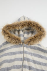 Stripe fur crop hood zip-up