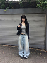 ボムシュ ワイド ウォッシング デニム ロング パンツ