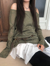 Arton See-through One-Shoulder Knit Belt Sleeveless Set