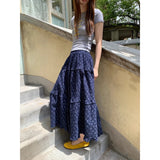 Cozy Navy Flower Frill Long Banding Skirt