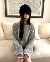 Mebin Lip-Neck Color-Block One-Off-Shoulder Wool Long-Sleeve Knit