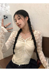 レースシャーリングツーピース長袖ブラウスTシャツ
