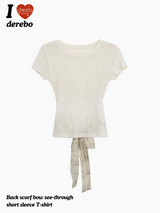Back scarf bow see-through short sleeve T-shirt
