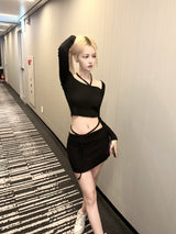 1202. ラインリボンストラップニットミニスカート (3カラー)