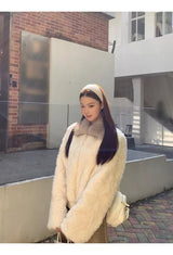 cream soft fur zip-up collar jacket