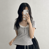 ミウ サイド シャーリング レース ショートスリーブ ブラウス Tシャツ (4 colors)