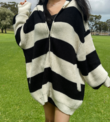 (HIGH-QUALITY!/UNISEX) ビッグフードルーズフィットストライプニットジップアップ - 2 COLOR