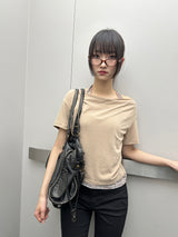 チェック ホルター オフショルダー セミクロップドTシャツ - 3カラー