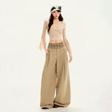 Khaki Check Wide-Leg Elastic Waist Trousers