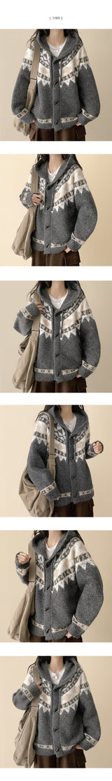 Kao pattern Nordic hooded knit cardigan