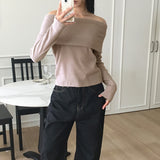 Turnzi ナッピング Vネック ブラッシュファー オフショルダー Tシャツ