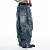 Sun Patch Leopard Balloon Denim Pants - BLACK