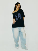  14 DENIM OFF SHOULDER TEE NAVY