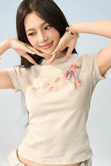 スリムクレヨンフラワーニットTシャツ