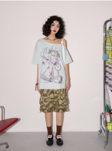 ハンドペインティドパターンプリンティドオフザショルダー半袖Tシャツ