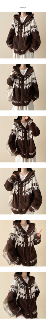 Kao pattern Nordic hooded knit cardigan
