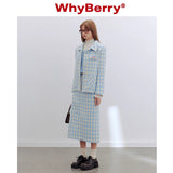 Why Berry 24SS "Sea Salt Bubble" ブルーアンドホワイトチェッカーショートコートショルダーパッドストレートジャケット