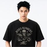 メンズコットン半袖クロップドTシャツ モーターサイクル ブラック