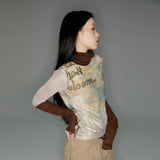 Retro fountain print coffee color stitching knitted contrast mesh bottom