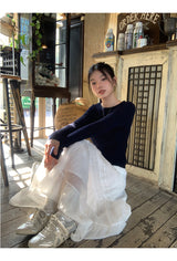 バックホワイトボウロングスリーブニットTシャツ