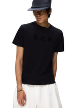 6CRAYON Black Box Fit T-Shirt with Offset Spliced Neckline & Classic Flock Print
