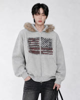 (UNISEX) USA Flag Fur Hood Zip-up