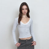 C レースボタンTシャツ_ライトグレー