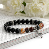 SVB-1003 Natural Stone Striped Agate Cross Onyx Bead Men's Bracelet