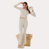 Oatmeal Grey Knitted Pajama Set – Long Sleeve Top & Relaxed Pants | Cozy Winter Sleepwear