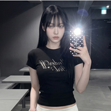 ストレッチコットンスリムショートスリーブTシャツロマンティック ブラック