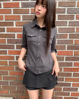 [MADE] Theku Pocket Roll-Up Neck Collar Slim Fit 3/4 Sleeve Shirt