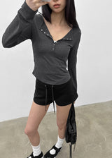 [MADE] Merib Waffle Henley-Neck Long-Sleeve T-Shirt
