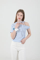 オフショルダーツイスト半袖Tシャツ Sky Blue