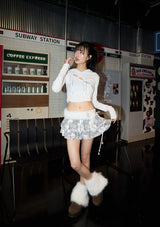 wave lace ribbon hoody - white