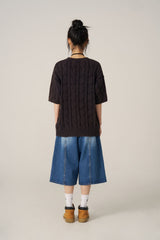 ケーブルウォッシング半袖ニット - Navy
