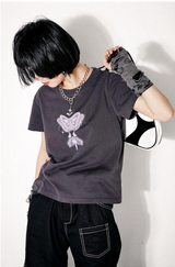 ラウンドネック, レギュラーショルダー, ルーズ半袖プリンティドTシャツ
