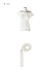 Scon Stripe Plain One-Shoulder Ribbon Short Sleeve T-Shirt