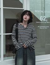 ウーバーストライプヘンリーネック長袖Tシャツ